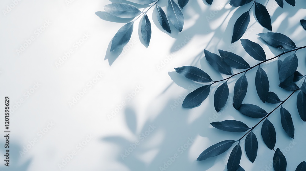 Poster a serene display of green leaves casting soft shadows against a light background, creating a tranqui