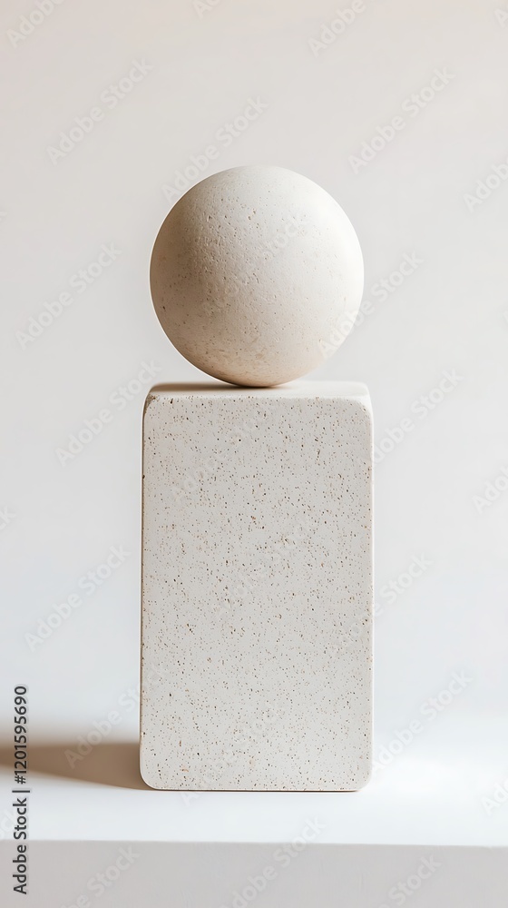 Poster a minimalist sculpture featuring a spherical top balanced on a rectangular base, showcasing simple g