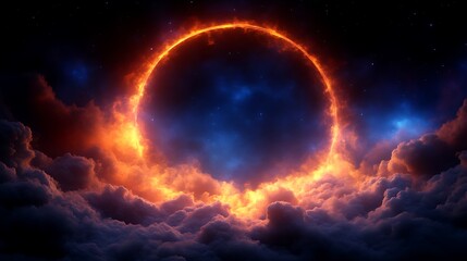 Obraz premium Fiery Ring Encircles Clouds in a Starry Night Sky