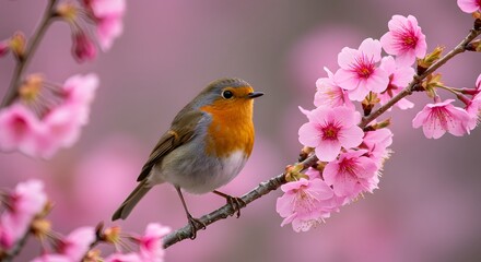 A vibrant orange-breasted bird perched on a branch with blooming pink cherry blossoms against a soft, blurred background.