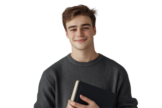 Portrait of a smiling young male student holding a book, isolated on a transparent background png
