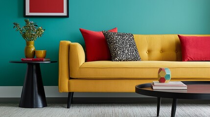 A vibrant living room scene featuring a yellow sofa with colorful pillows against a teal wall, complemented by stylish side tables and decorative accents.