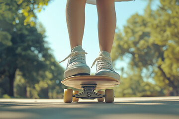 Close-up of legs and feet of girl wearing white sneakers standing on skateboard in a park