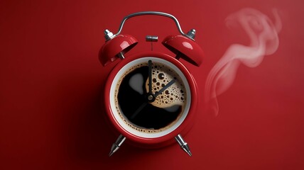 Coffee time concept, Hot coffee in a retro alarm clock. Wake up alarm. Top View