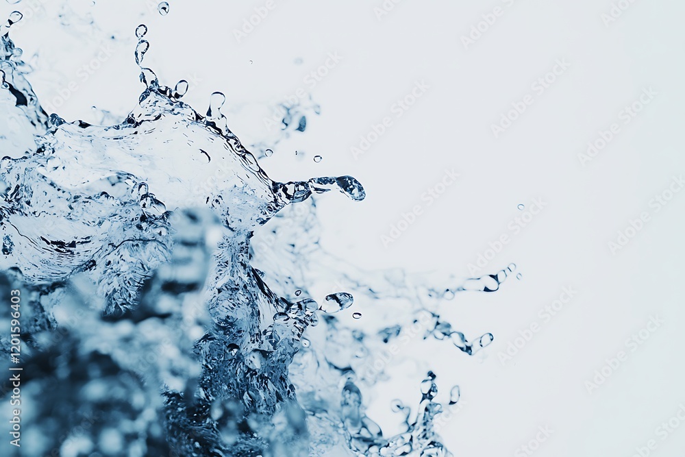 Poster a close-up of splashing water droplets against a light background, showcasing clarity and motion in 