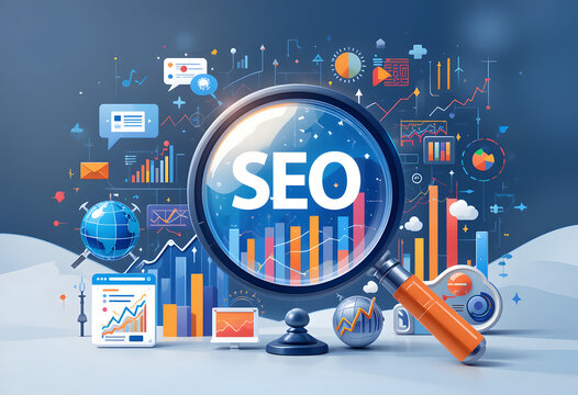 Data Analysis SEO Magnifier with Charts and Graphs