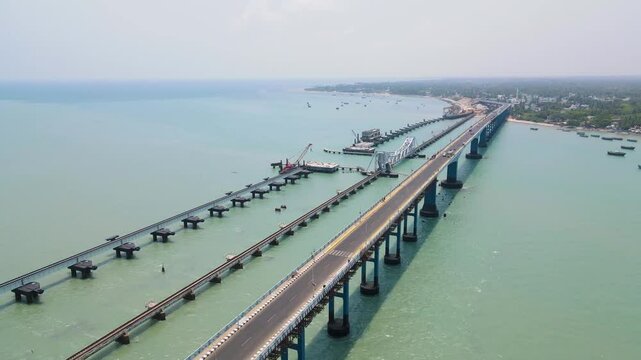 Aerial drone shot of Rameshwaram city, featuring the bridge connecting the mainland and the island.