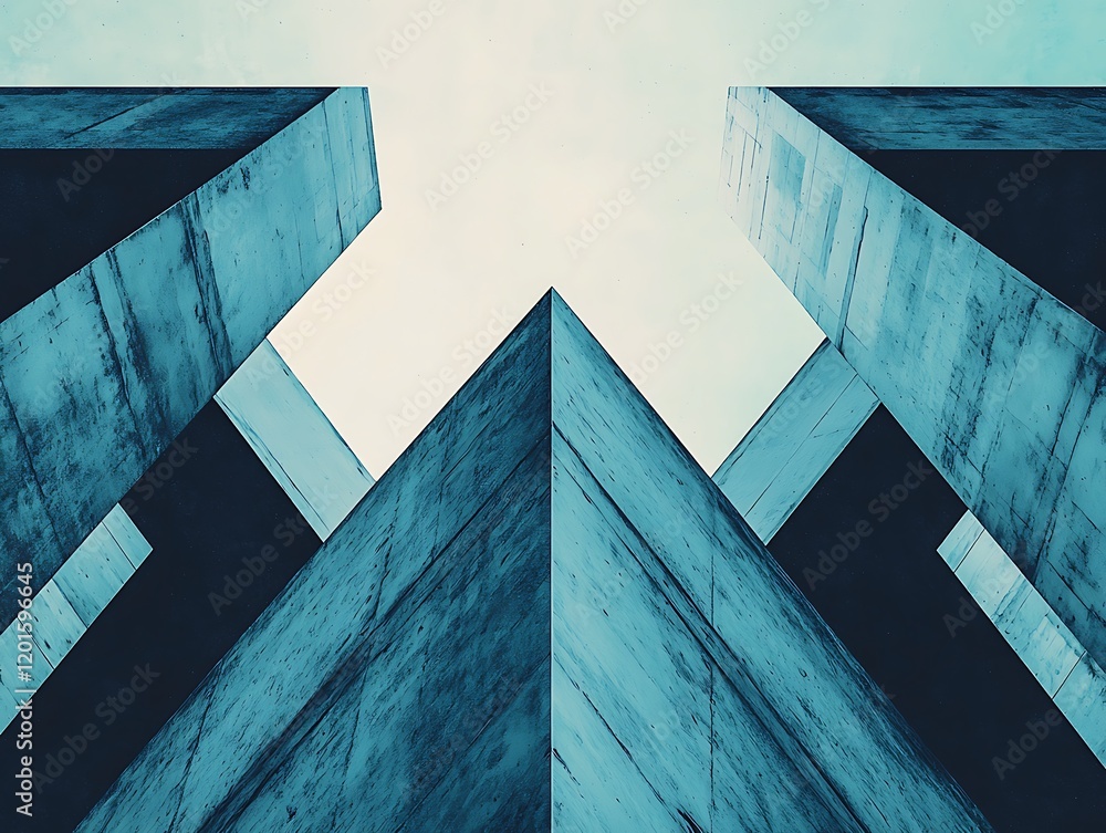 Poster a striking perspective of towering concrete structures reaching towards a clear sky, emphasizing geo