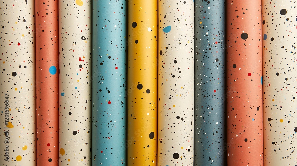 Poster colorful textured paper rolls with speckled patterns lined up in a row, showcasing a vibrant and art