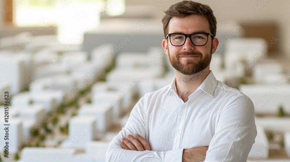 Poster a professional man in glasses smiles confidently in an architectural studio with a scale model of a 