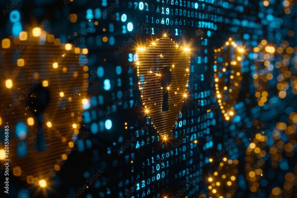 Poster glowing pixel shield lock icon with network lines representing cybersecurity and virtual protection