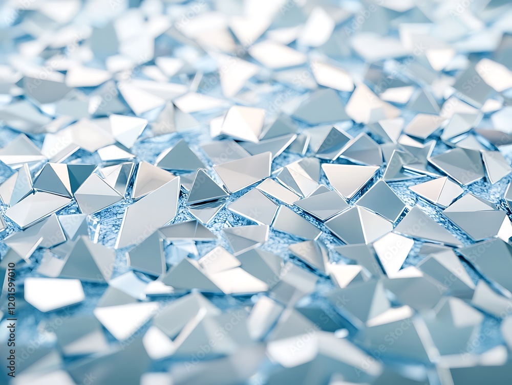 Poster a shimmering surface of small, reflective triangular shapes in shades of blue, creating a sparkling,