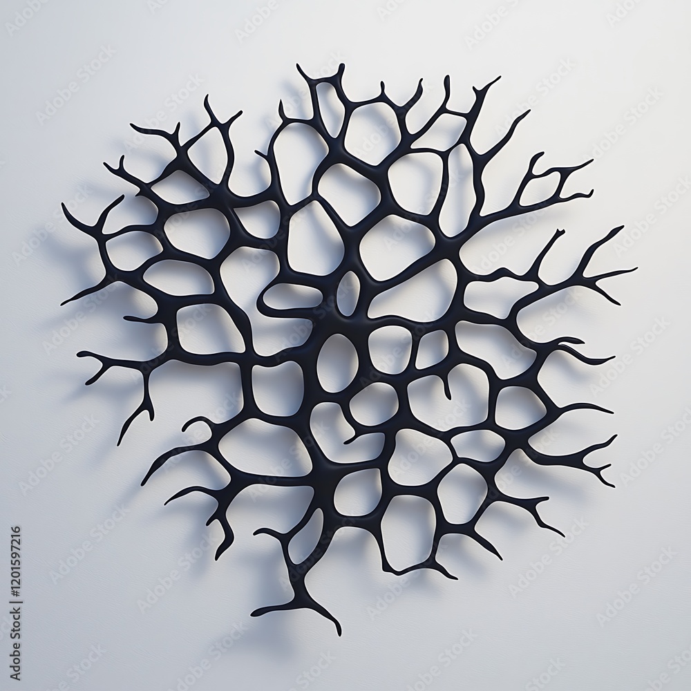 Poster an abstract black art piece resembling organic, branching structures against a light background, evo