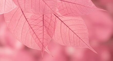 Obraz premium Delicate translucent pink leaves with intricate vein patterns, softly illuminated against a blurred pastel background.
