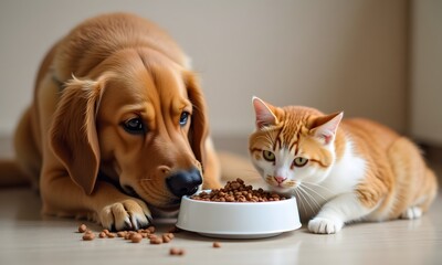 Friendly Golden Retriever and Ginger Cat Sharing Food Bowl on Wooden Floor