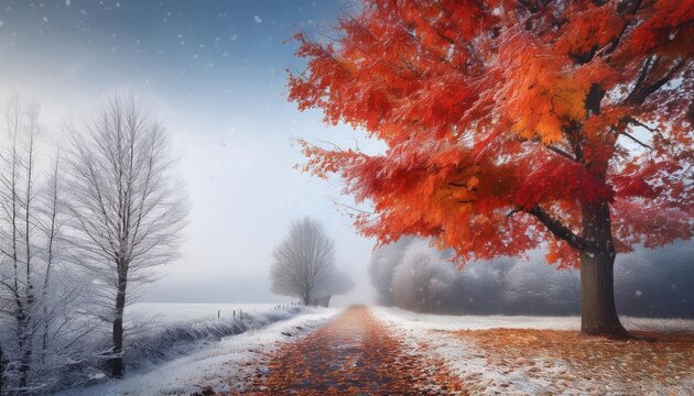 Impressionistic artwork of a frosted road lined with fiery red and orange trees.