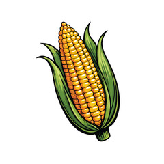 Create a detailed vector illustration of a fresh corn on the cob, with vibrant colors and realistic textures. Emphasize the kernels and husk details, highlighting the freshness of the corn.
