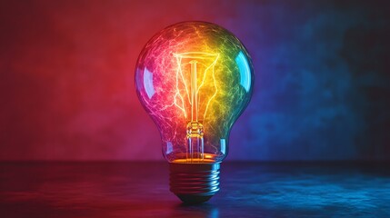 Light bulb contains rainbow-colored lightning storm, displaying electric energy sparks inside clear glass against dark-to-light blue gradient with cinematic lighting effects.
