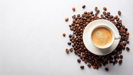 Top View Coffee Cup With Coffee Beans on a White background. 