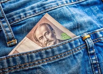Ukrainian Hryvnia Banknote in Jeans Pocket - Minimalist Photography