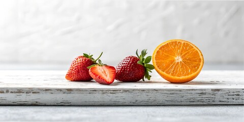 Fresh strawberries and a sliced orange arranged on a white wooden surface for a vibrant fruit display