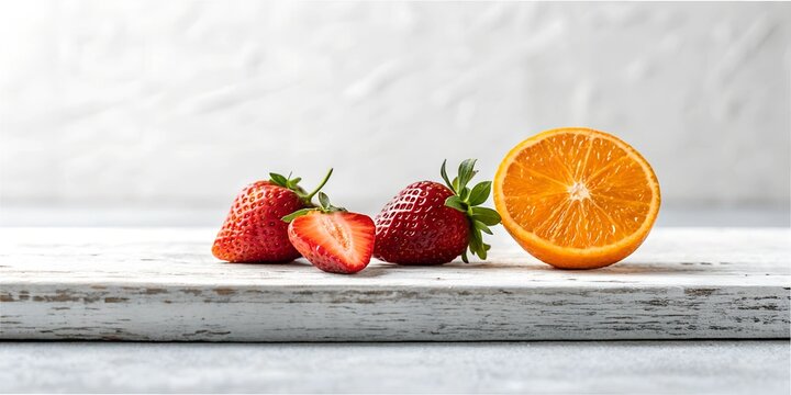 Fresh strawberries and a sliced orange arranged on a white wooden surface for a vibrant fruit display