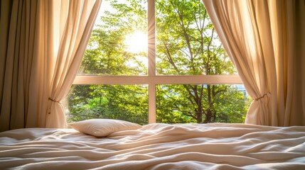 Fototapeta premium Cozy Bedroom with Bed, Pillows, and Blanket in Morning Light, Vintage, Rustic Style, Warm Interior Design, Comfort, Home Aesthetics