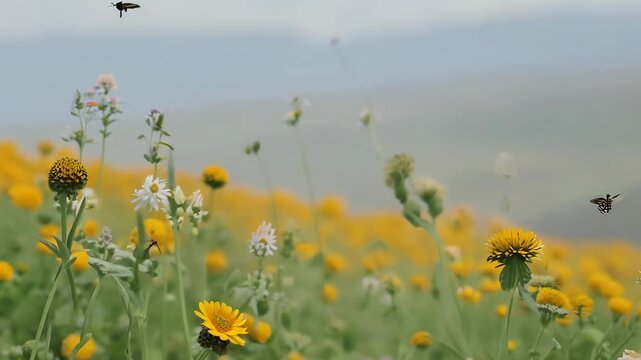 The camera pans across a meadow filled with colorful wildflowers, as bees and butterflies flit between blooms, capturing the vibrant essence of spring under soft light