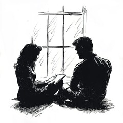 Man and a woman are sitting next to each other, reading a book