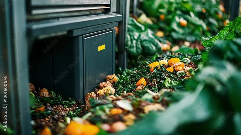 Poster detailed view of a compact composting system tucked away in a corner of the factory surrounded by or