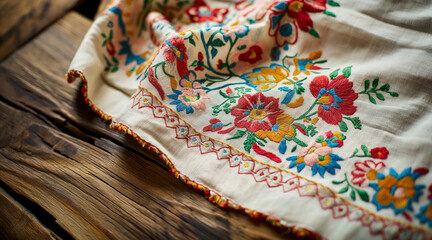 Obraz premium Vibrant Slavic Embroidery Pattern on Traditional Fabric with Floral Designs