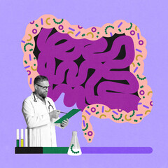 Male doctor in lab coat reviewing medical notes against abstract illustration of gut microbiota....