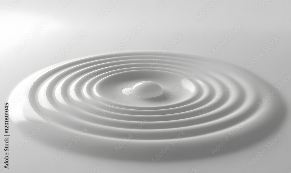Poster white liquid droplet creating concentric ripples on a smooth surface.