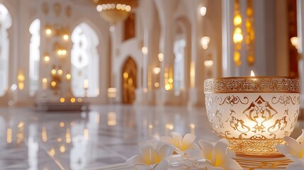 A serene architectural setting featuring three ornate white arches with intricate cutouts.