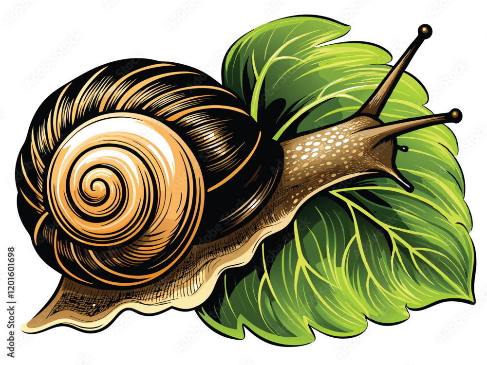 Poster draw a detailed vector illustration of a land snail crawling over a surface, emphasizing its texture