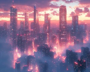 Fototapeta premium Futuristic city skyline at sunset, shrouded in pink mist.
