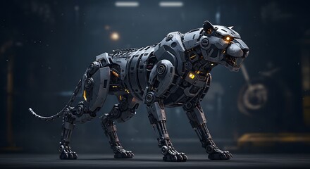 A futuristic robotic panther with glowing orange accents stands in a dim industrial setting, showcasing intricate mechanical details and an aura of strength and precision.