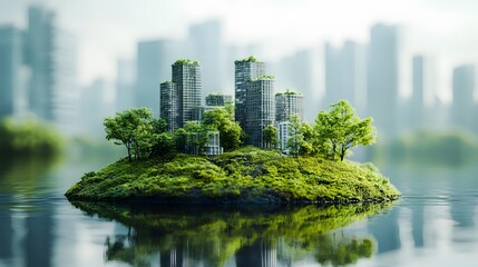 Fototapeta premium Miniature floating eco-city showcases sustainable urban living with modern green buildings, vegetation-covered structures, and floating trees, reflecting environmental conservation
