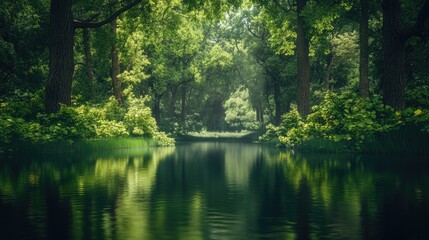 Serene forest canal, lush greenery, calm water, sunlight, nature escape