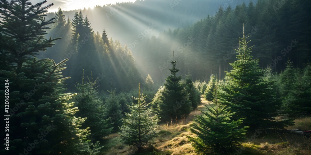 Poster sunlight filters through a dense forest illuminating evergreen trees in a serene landscape during ea