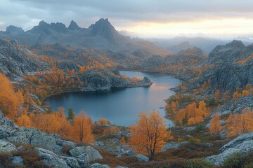 Serene mountain lake reflecting sunrise, surrounded by autumn foliage and rocky peaks
