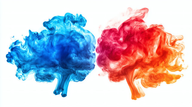 Colisi&oacute;n de tintas roja y azul en agua con efecto art&iacute;stico
