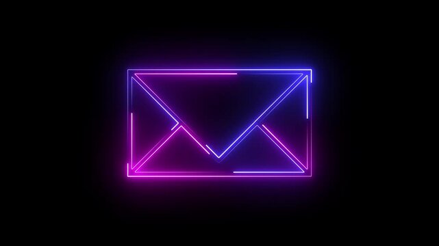 A neon email icon animates with a glowing envelope outline, followed by a light pulse as it opens briefly, revealing a flickering message before closing smoothly.