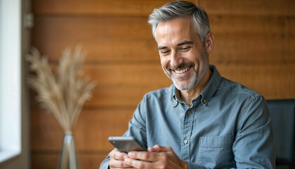 Happy mature businessman checking smartphone in bright office space. 