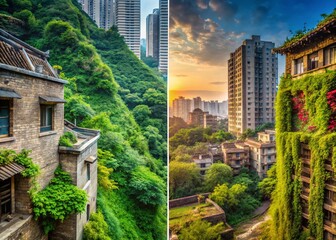Fototapeta premium Urban Exploration: China's Ancient Walls & Modern Dwellings - A Stunning Two-Image Set