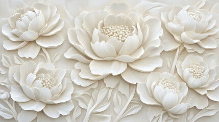 Elegant white peony floral wall art, carved relief texture, close-up view, home decor