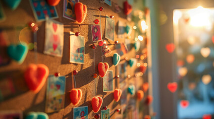 Romantic Heart Decorated Cork Board with Valentine's Day Cards and Pins