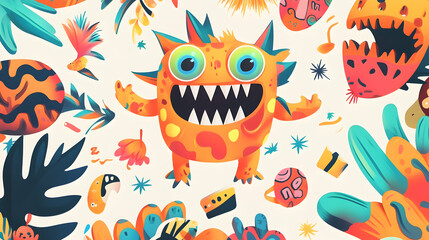 Naklejka premium Friendly monster surrounded by plants, celebrating life, whimsical illustration for children's book or website