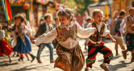 Joyful Children Dancing in Traditional Attire at Slavic Community Gathering Festival