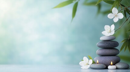 A serene arrangement of smooth stones is carefully stacked, accompanied by delicate white flowers resting on rocks. Soft candlelight adds warmth to this peaceful environment with space for text.